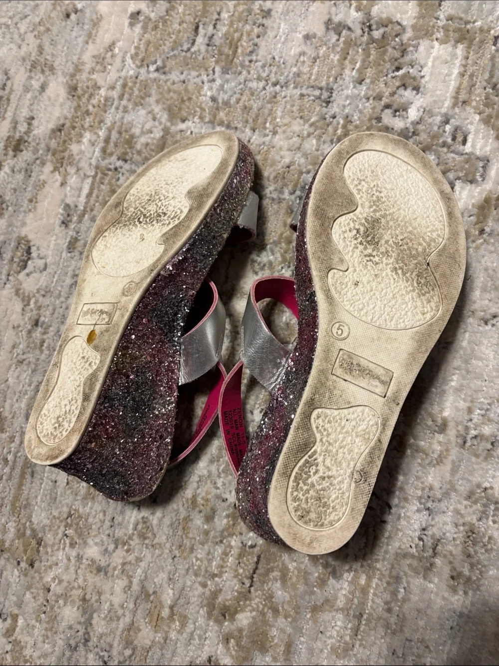 Self Esteem Silver Wedge Sandals with Pink-Accented Glitter Platform